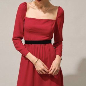 Rihoas Red Square Neck Flounce Long Sleeve Mini Dress